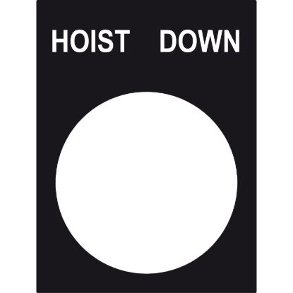 Picture of Marked legend, Harmony XAC, nameplate, 30 x 40mm, plastic, black, 22mm push button, white marked HOIST DOWN