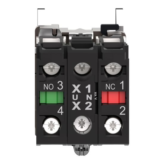 Picture of Complete body contact assembly and light block, Harmony XB4, metal, universal LED, body fixing collar, 1NO + 1NC, 110...120V AC