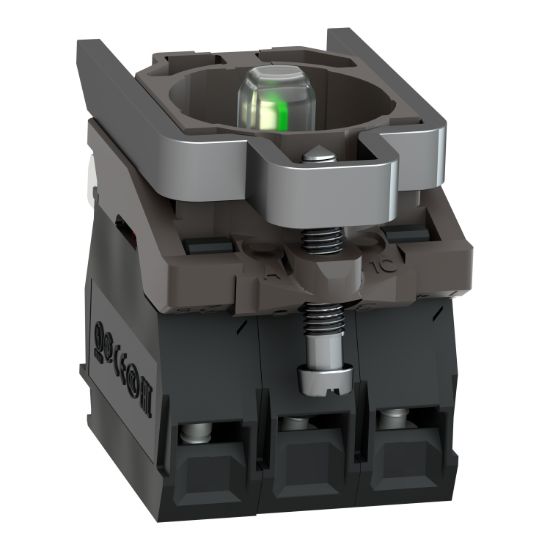 Picture of Light block with body fixing collar, Harmony XB4, metal, green, integral LED, 230…240V AC, 1NO+1NC