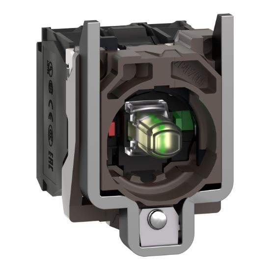 Picture of Complete body/contact assembly and light block, Harmony XB4, metal, universal LED, body/fixing collar, 1NO + 1NC, 230…240V AC