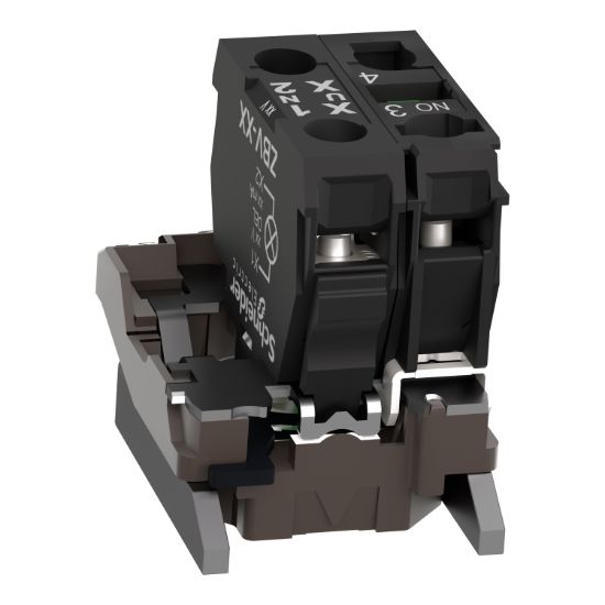 Picture of Complete body/contact assembly and light block, Harmony XB4, metal, universal LED, body/fixing collar, 1NO, 24V AC DC