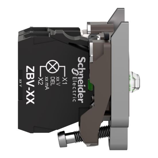 Picture of Complete body/contact assembly and light block, Harmony XB4, metal, universal LED, body/fixing collar, 1NO, 24V AC DC