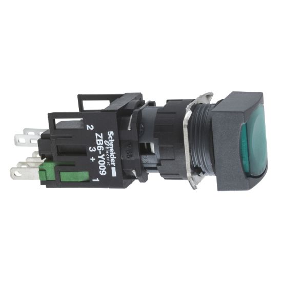 Picture of Complete illuminated push button, Harmony XB6, green square flush, 16mm, latching, 1NO, 12...24V