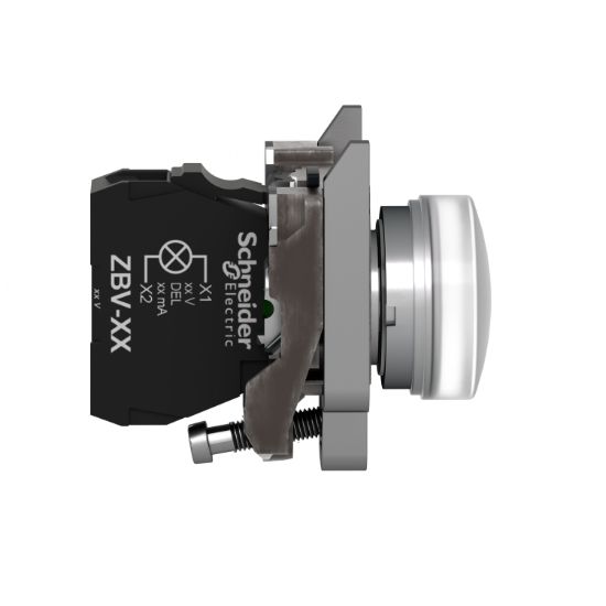 Picture of Pilot light, Harmony XB4, grey plastic, white, 22mm, universal LED, plain lens, 24V AC DC