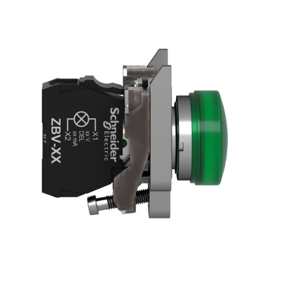 Picture of Pilot light, Harmony XB4, grey plastic, green, 22mm, universal LED, plain lens, 24V AC DC