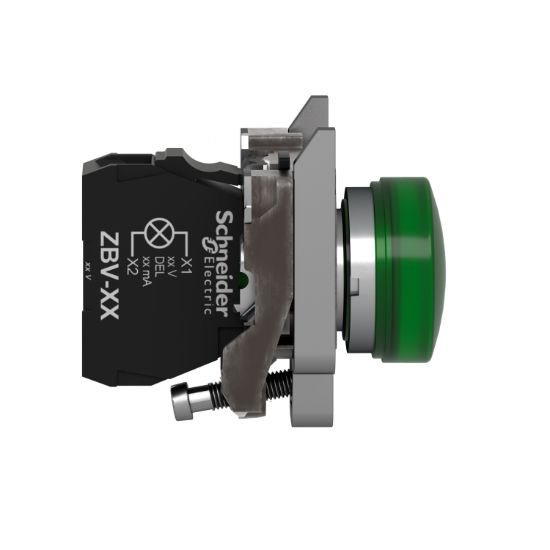 Picture of Pilot light, Harmony XB4, grey plastic, green, 22mm, universal LED, plain lens, 230...240V AC