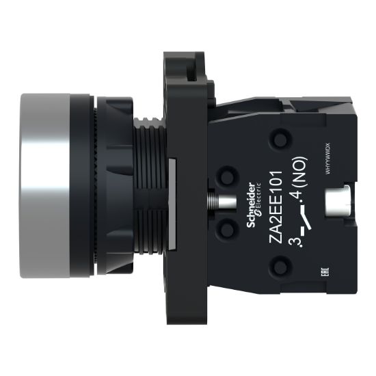 Picture of Complete push button, Easy Harmony XA2, plastic, flush, white, 22mm, spring return, unmarked, 1NO