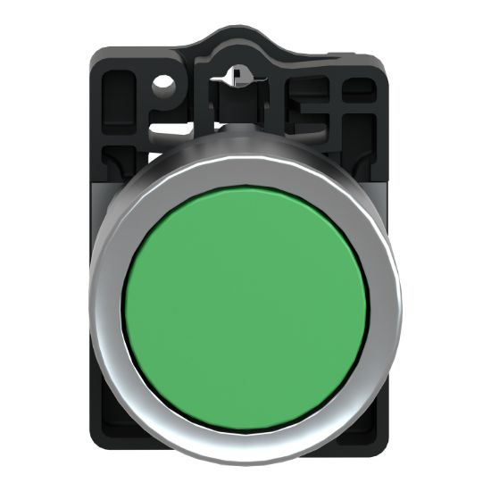 Picture of Complete push button, Easy Harmony XA2, plastic, flush, green, 22mm, spring return, unmarked, 1NO