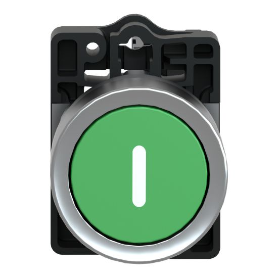 Picture of Complete push button, Easy Harmony XA2, plastic, flush, green, 22mm, spring return, marked I, 1NO