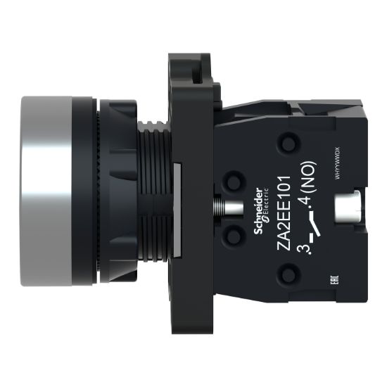 Picture of Complete push button, Easy Harmony XA2, plastic, flush, green, 22mm, spring return, marked I, 1NO