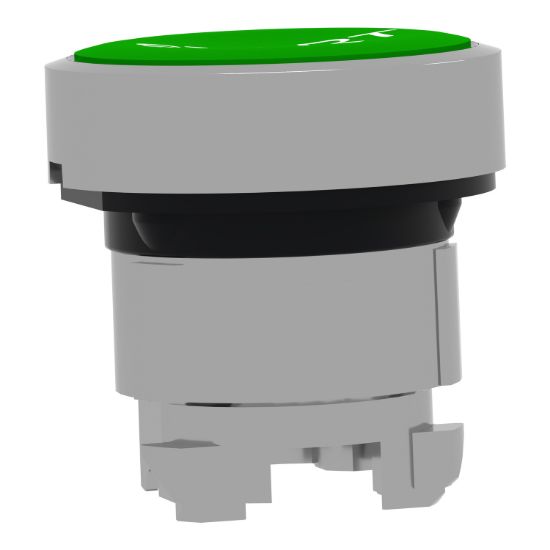 Picture of Push button head, Harmony XB4, metal, flush, green, 22mm, spring return, marked START