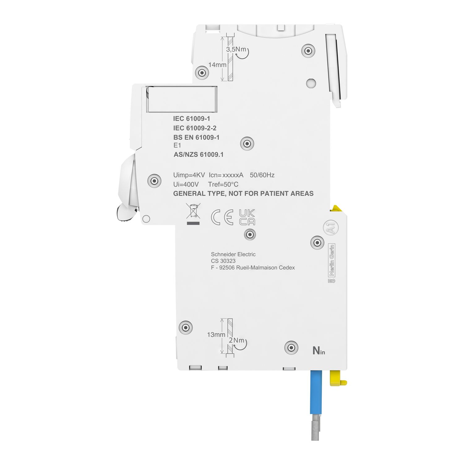 Picture of Residual current breaker with overcurrent protection (RCBO), Acti9 iC60H RCBO, 1P + Ns, 16A, 10mA, A type, 10000A