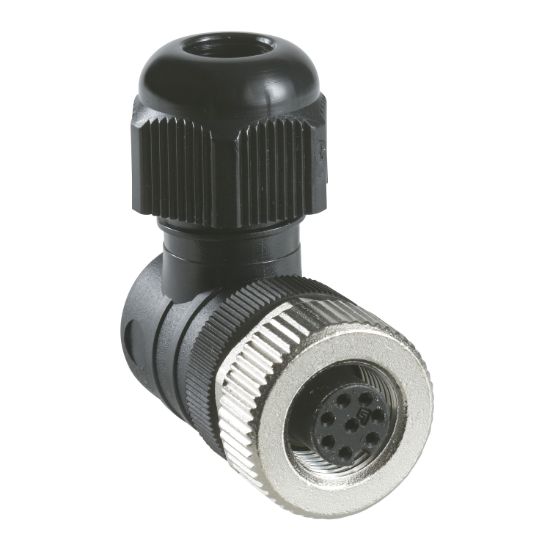 Picture of Con. M12 Female 90° 8 pins w/ screw terminals cable gland, Metal clamping ring