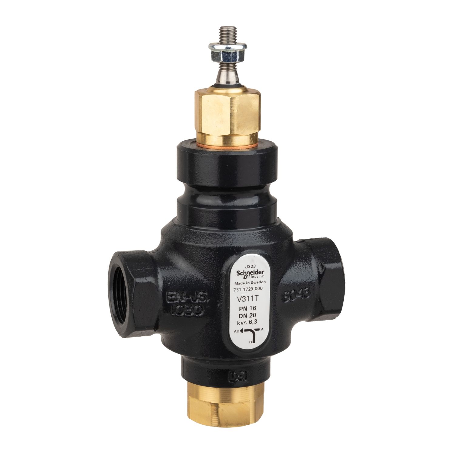 Picture of Venta V311T Globe Valve, 3-Way, PN16, Rp 3/4 Internal Thread, DN20, 6.3 Kvs, Nodular Iron, Brass plug.