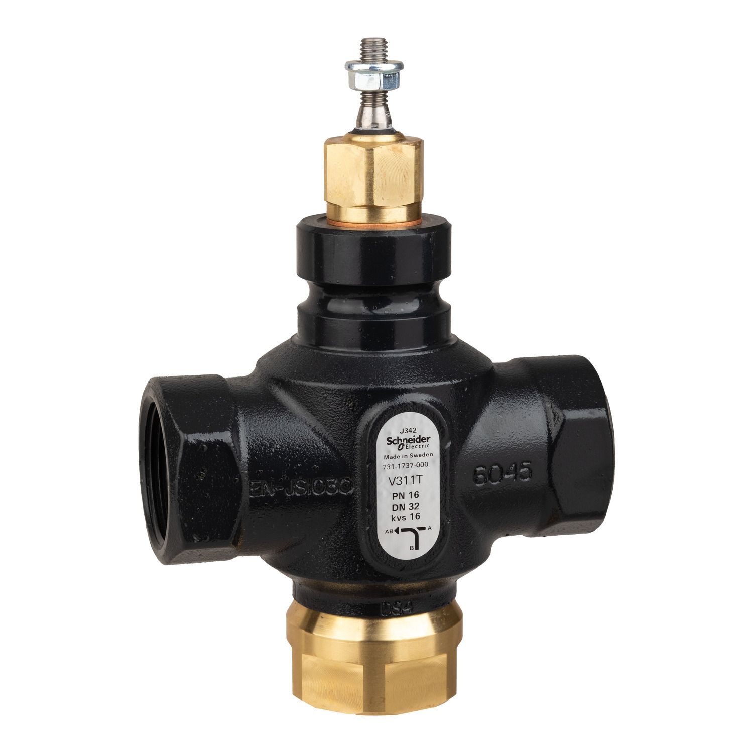 Picture of Venta V311T Globe Valve, 3-Way, PN16, Rp 1 1/4 Internal Thread, DN32, 16 Kvs, Nodular Iron, Brass plug.