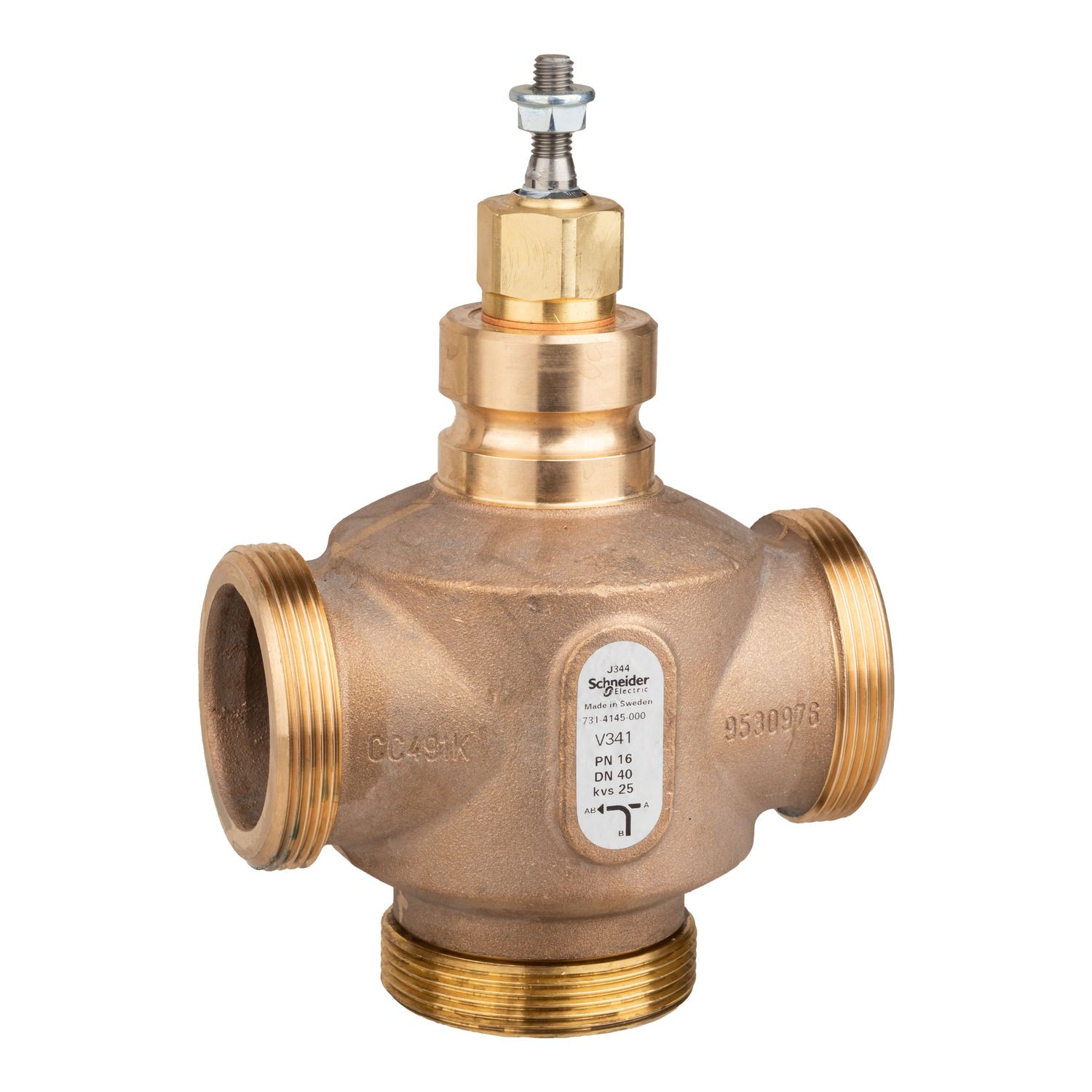 Picture of Venta V341 Globe Valve, 3-Way, PN16, G 2-1/4 External Thread, DN40, Kvs 25, Bronze Body, Stainless Steel Trim.