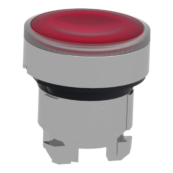 Picture of Head for illuminated push button, Harmony XB4, metal, red flush, 22mm, universal LED, spring return, grooved lens
