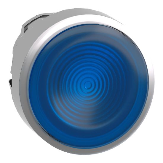 Picture of Head for illuminated push button, Harmony XB4, metal, blue flush, 22mm, universal LED, spring return, grooved lens