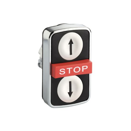 Picture of black flush/red projecting/black flush triple-headed pushbutton 22mm with marking