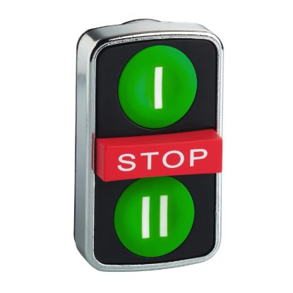 Picture of Triple-headed push button head, metal, 22mm, marked,1 green flush I + 1 red projecting STOP + 1 green flush II