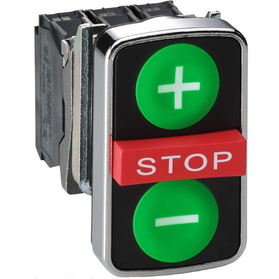 Picture of green flush/red projecting/green flush triple-headed pushbutton 22mm with marking