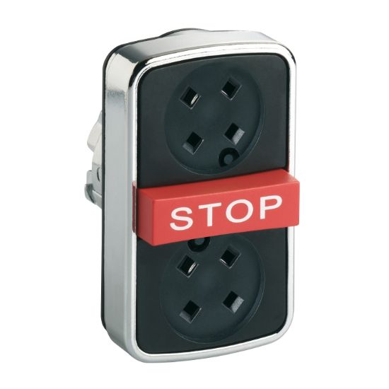 Picture of Head for illuminated triple headed push button, Harmony XB4, metal, 22mm, 2 flush push buttons, 1 central projecting red STOP, spring return, unmarked