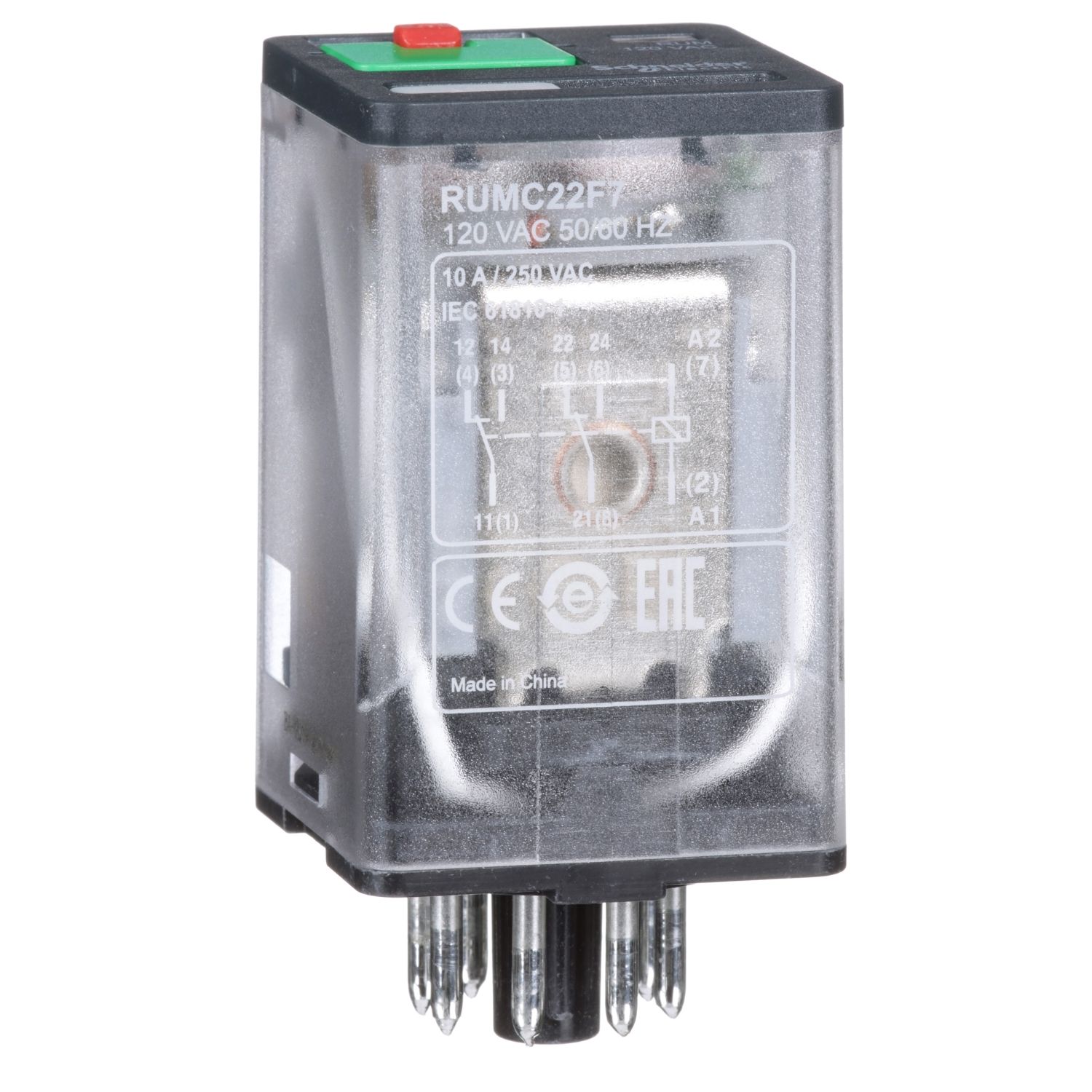 Picture of Universal plug in relay, Harmony Electromechanical Relays, 10A, 2CO, with LED, lockable test button, 120V AC