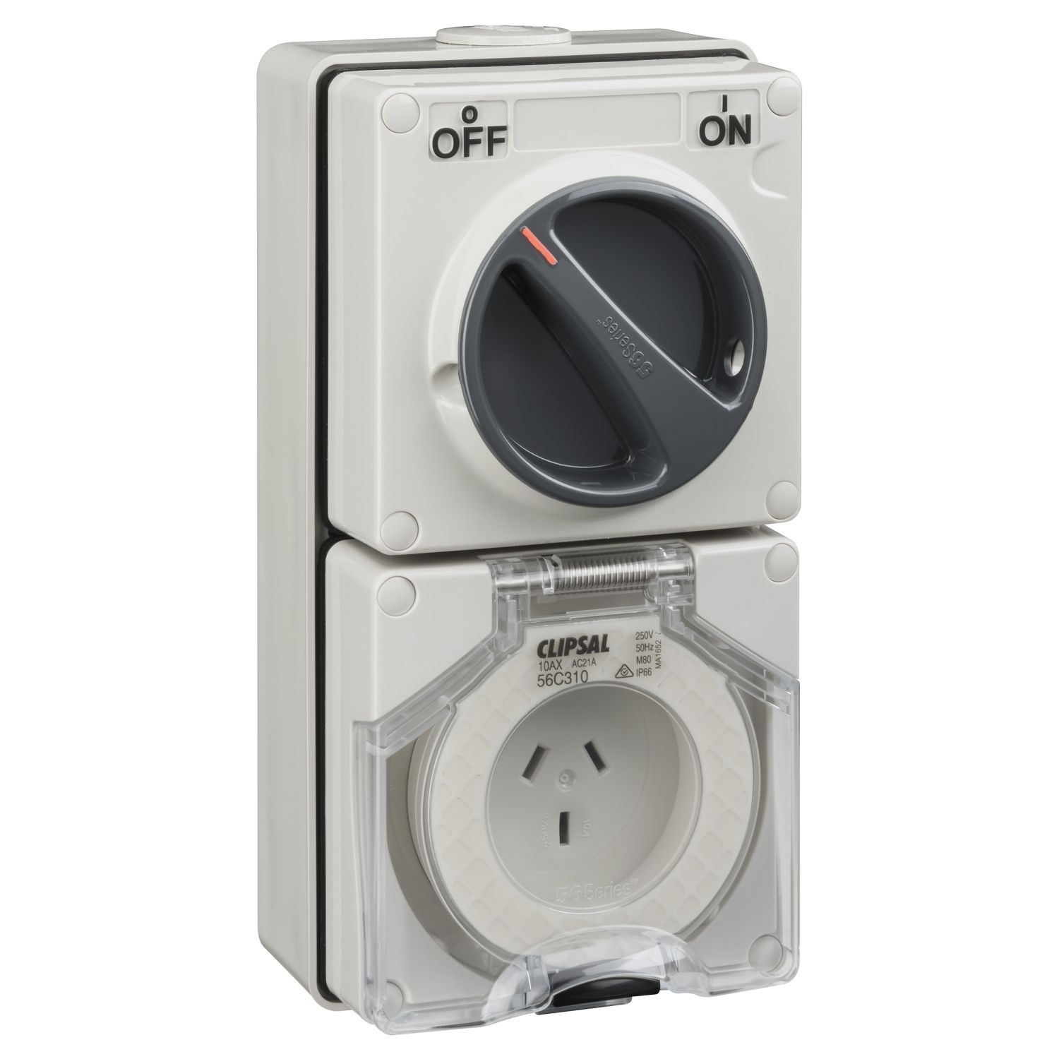 Picture of Switched Socket Outlet, Clipsal - 56 Series, 250V, 10A, 3 Flat PIN, IP66, 2 Pole