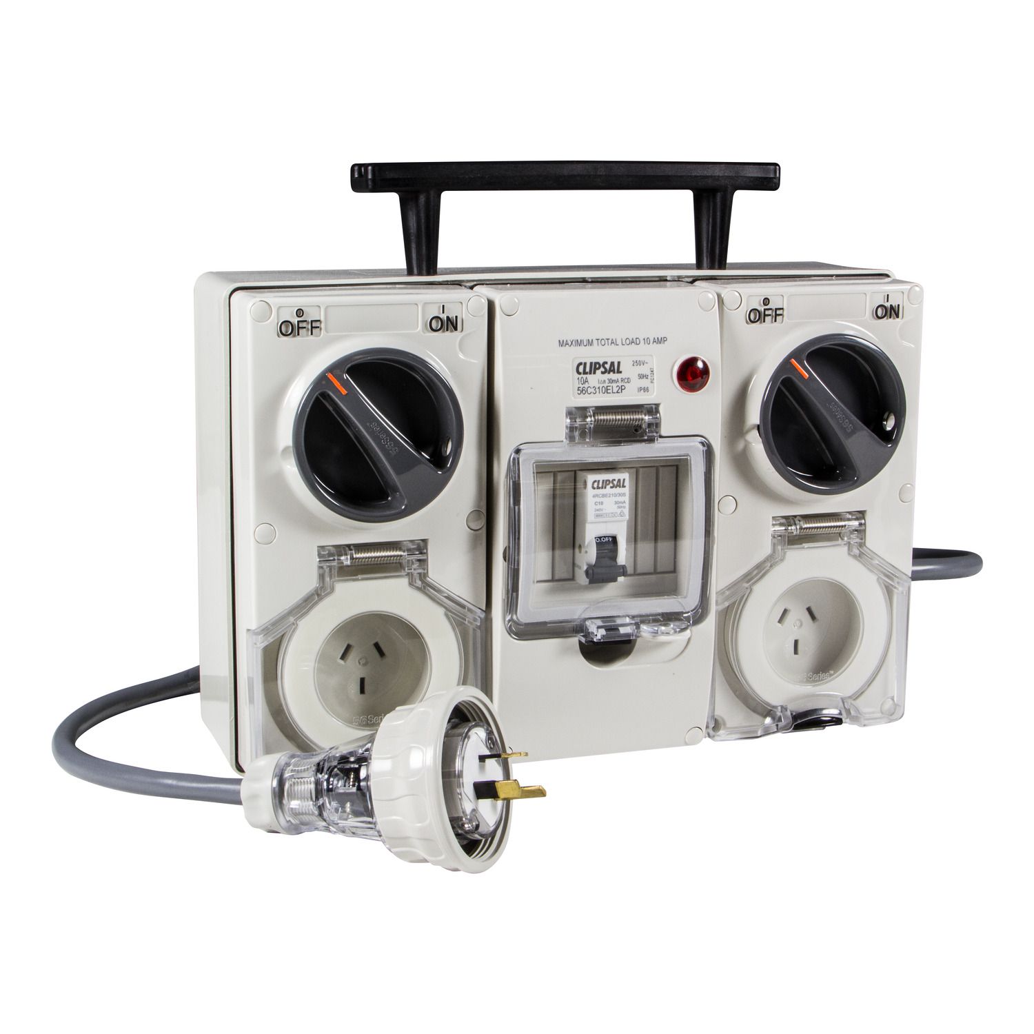 Picture of RCBO Protected Switched Socket Outlet, Clipsal - 56 Series, 250V, 10A, 3 Flat PIN, IP56, 30mA