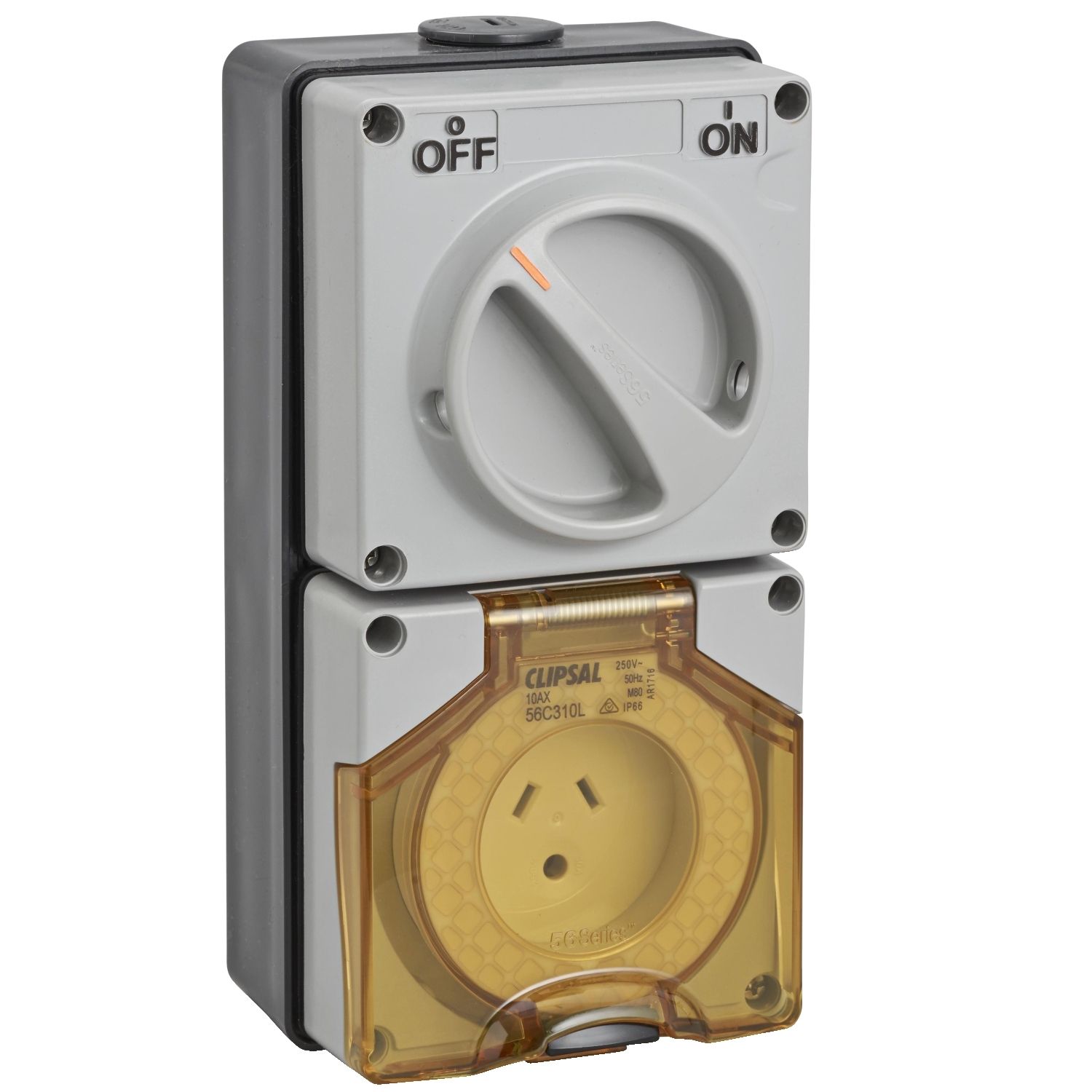 Picture of Switched Socket Outlet, Clipsal - 56 Series, 250V, 10A, 2 Flat and Round Earth PIN, IP66, 1 Pole