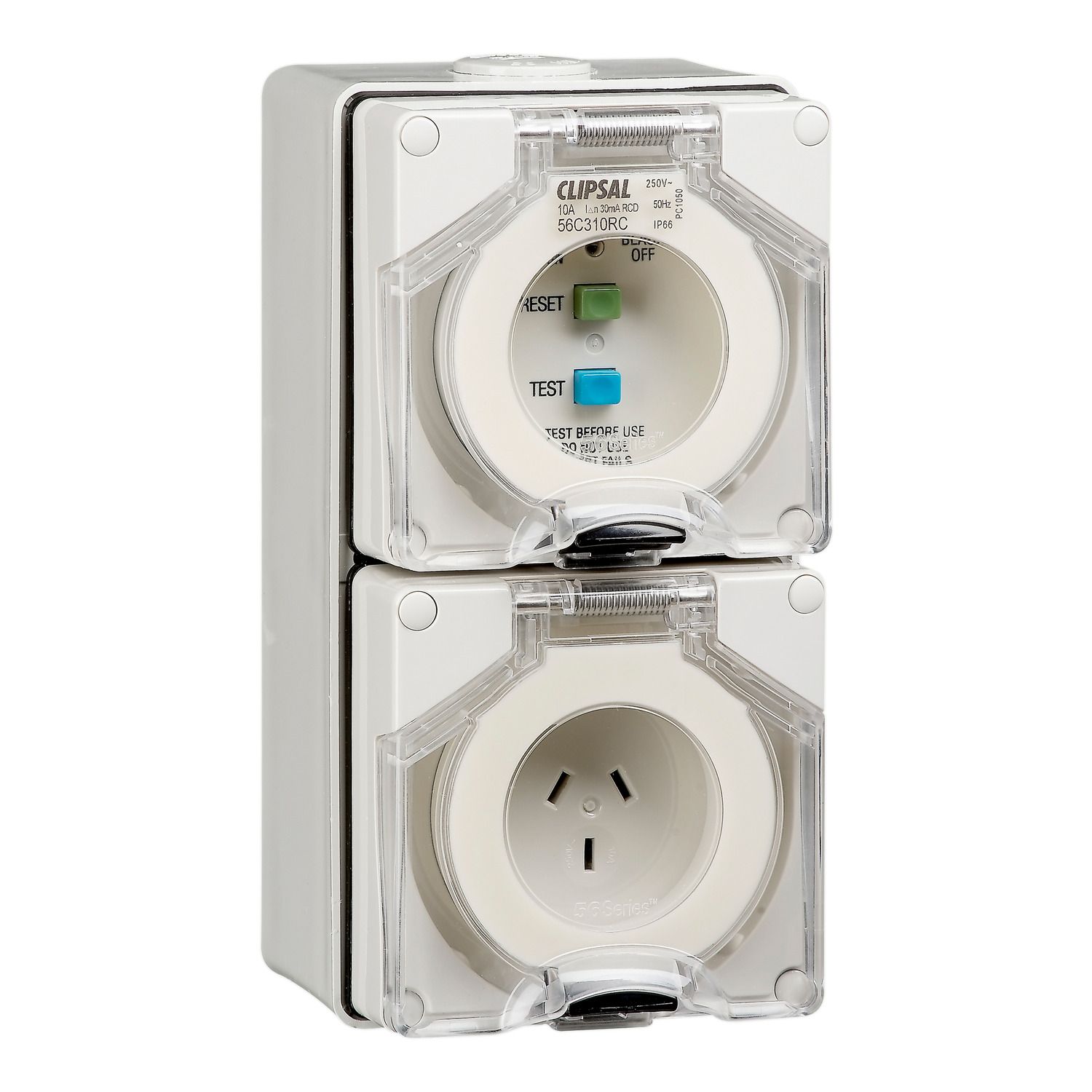 Picture of RCD Protected Switched Socket Outlet, Clipsal - 56 Series, 250V, 10A, 3 Flat PIN, IP66, 30mA