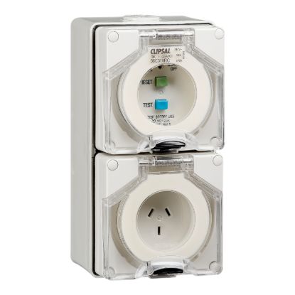 Picture of RCD Protected Switched Socket Outlet, Clipsal - 56 Series, 250V, 10A, 3 Flat PIN, IP66, 30mA