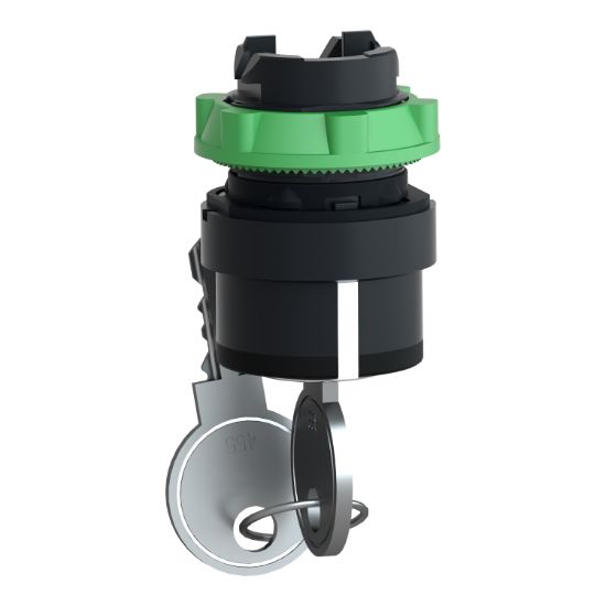 Picture of Key switch selector head, Harmony XB5, plastic, black, 22mm, key 455, 3 positions, spring return from left to center