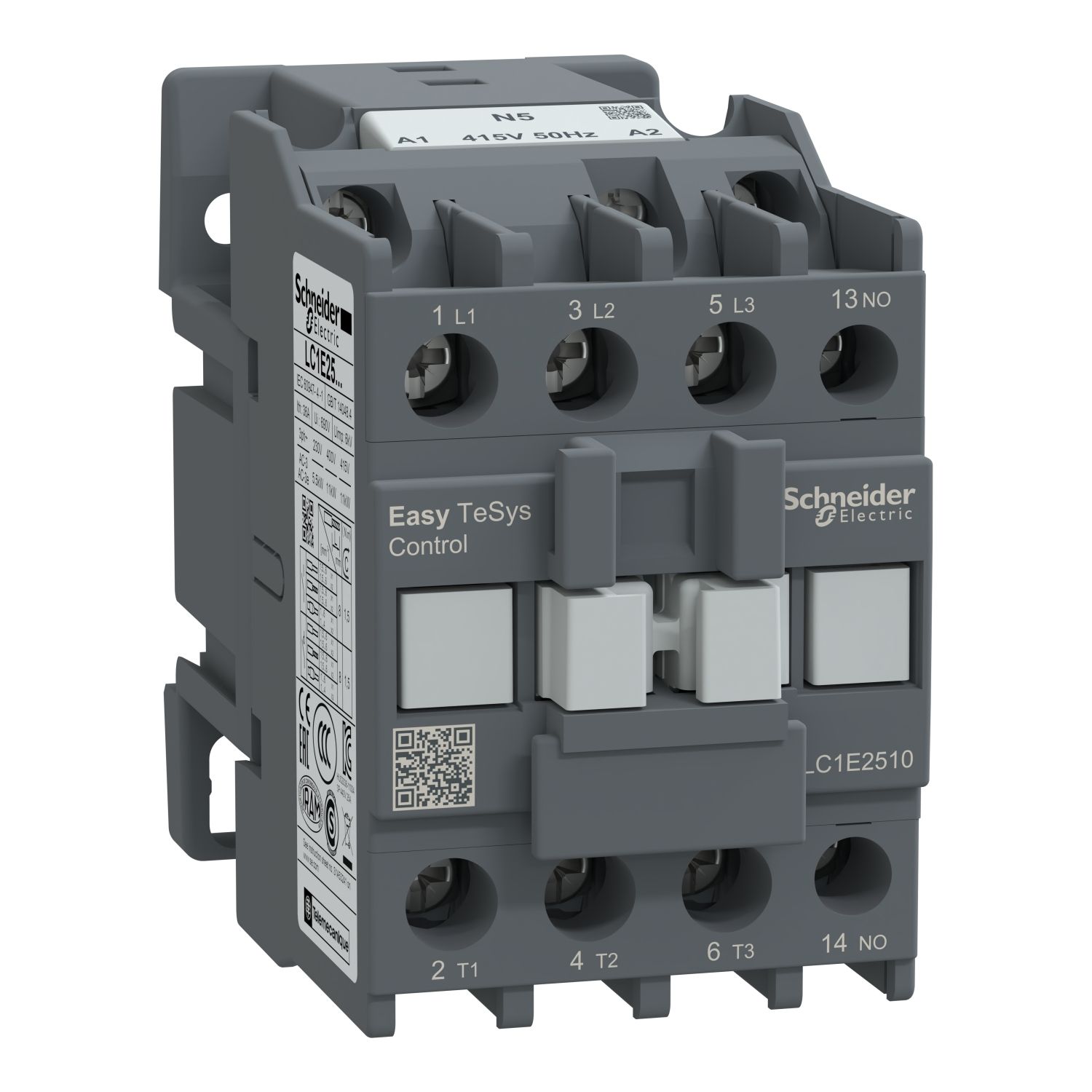 Picture of Contactor,Easy TeSys Control,LC1E,3P(3NO),AC-3,<=440V,25A,415V AC coil,50Hz,1NO auxiliary contact