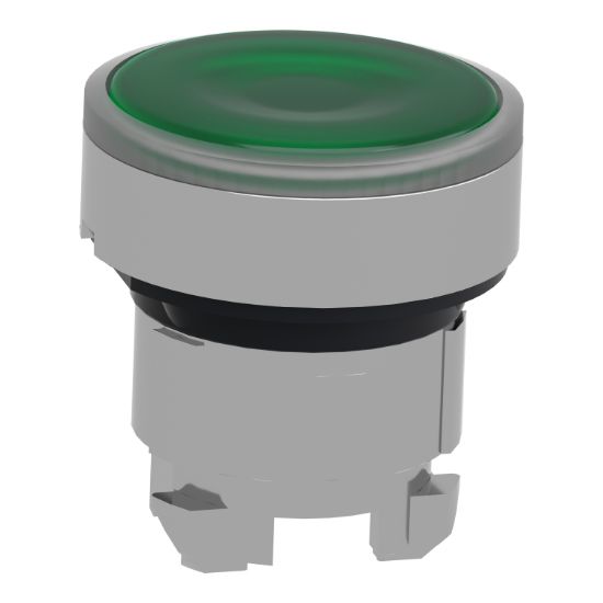 Picture of Head for illuminated push button, Harmony XB4, metal, green flush, 22mm, universal LED, push push, unmarked