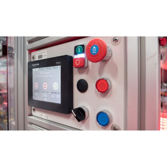 Picture of Head for illuminated selector switch, Harmony XB4, chromium metal, blue handle, 22mm, universal LED, 2 positions