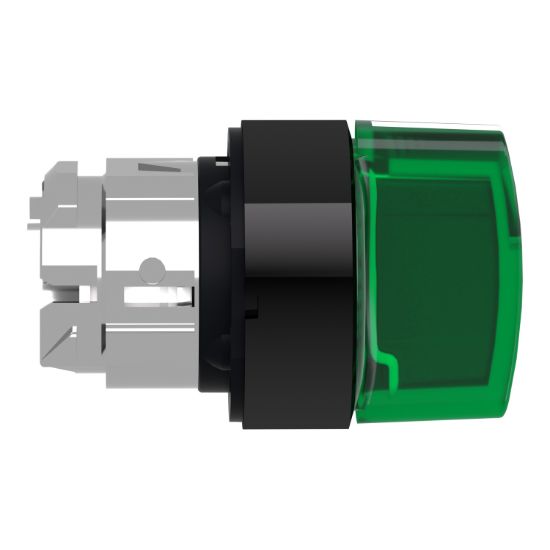Picture of Head for illuminated selector switch, Harmony XB4, universal LED,  black metal, green handle, 22mm, 3 positions, stay put