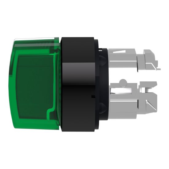 Picture of Head for illuminated selector switch, Harmony XB4, universal LED,  black metal, green handle, 22mm, 3 positions, stay put