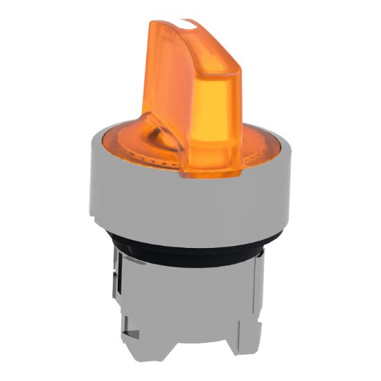 Picture of Head for illuminated selector switch, Harmony XB4, metal, orange handle, 22mm, universal LED, 3 positions, stay put