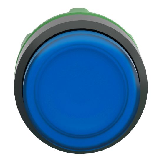 Picture of Head for illuminated push button, Harmony XB5, dark grey plastic, blue projecting, 22mm, universal LED, push-push