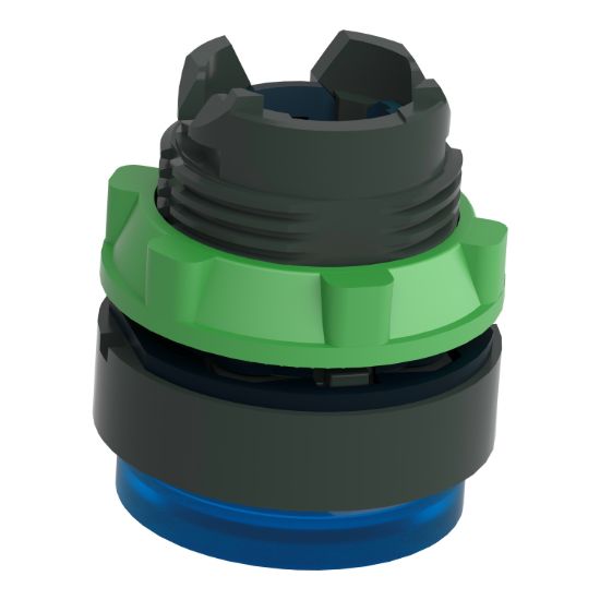 Picture of Head for illuminated push button, Harmony XB5, dark grey plastic, blue projecting, 22mm, universal LED, push-push