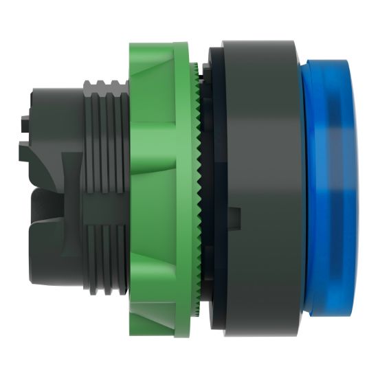 Picture of Head for illuminated push button, Harmony XB5, dark grey plastic, blue projecting, 22mm, universal LED, push-push