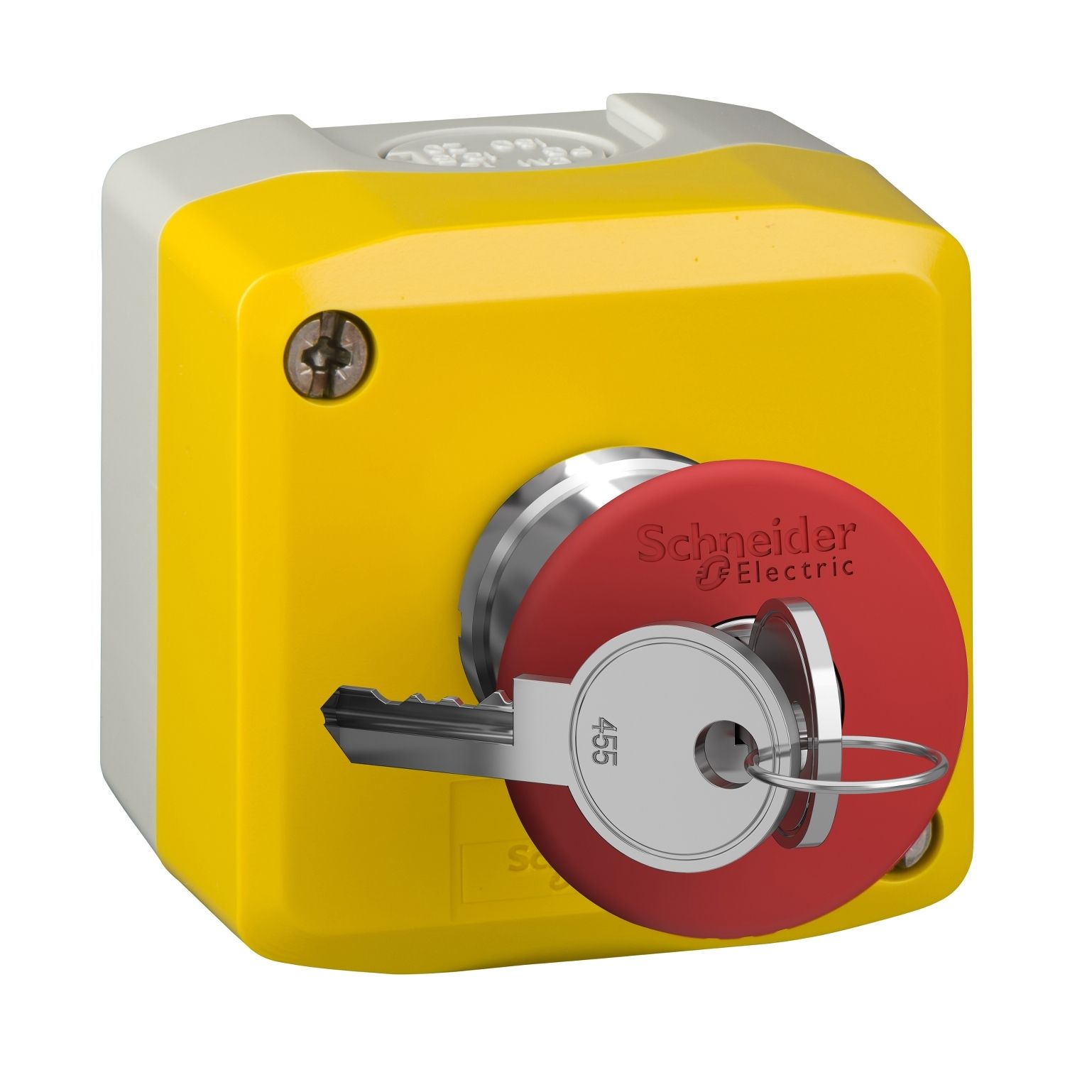 Picture of Control station, Harmony XALD XALK, plastic, yellow lid, 1 red mushroom push button 40mm, key release, 1NC