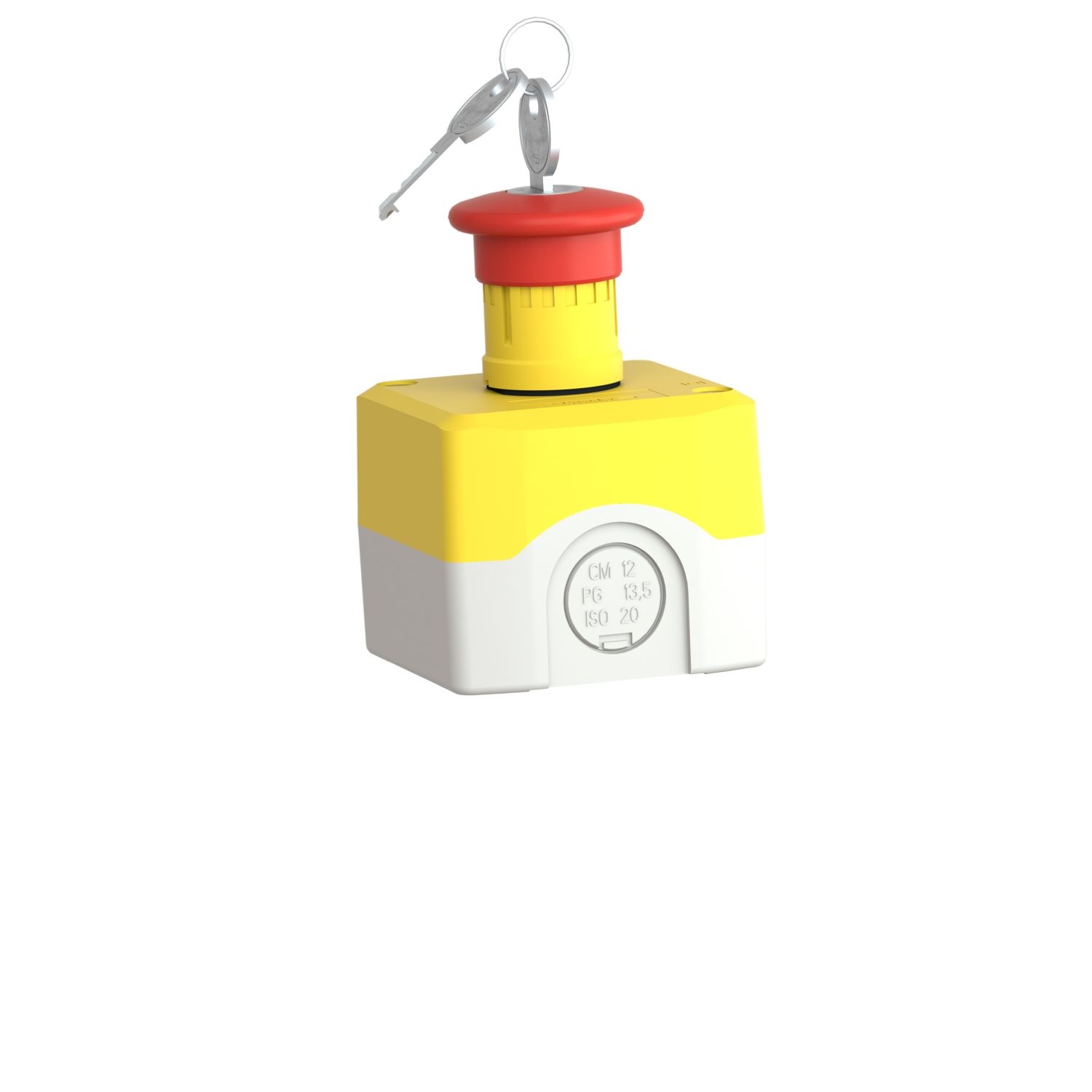 Picture of Control station, Harmony XALD XALK, plastic, yellow lid, 1 red mushroom push button 40mm, key release, 1NC