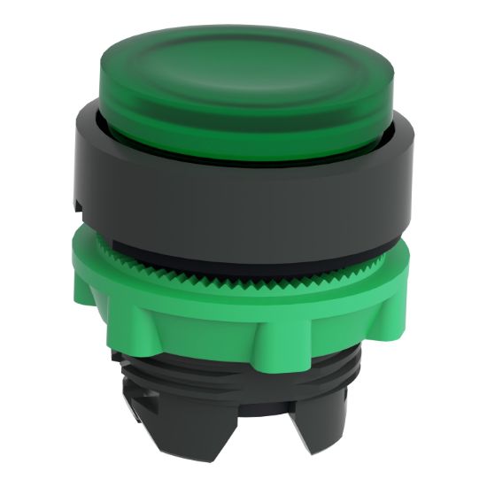 Picture of Head for illuminated push button, Harmony XB5, round green projecting, 22mm, universal LED, push to release, unmarked
