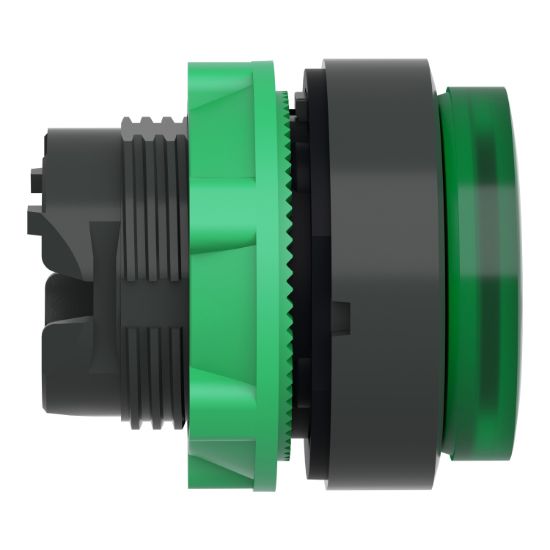 Picture of Head for illuminated push button, Harmony XB5, round green projecting, 22mm, universal LED, push to release, unmarked