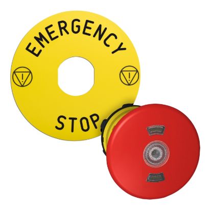 Picture of red Ø40 illum Emergency stop pushbutton head with yellow legend plate