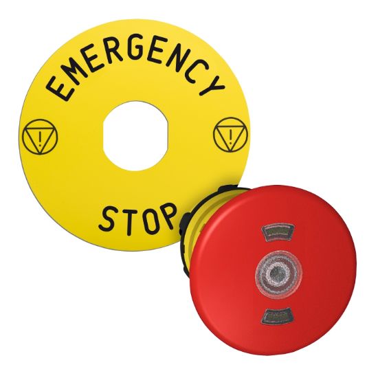 Picture of red Ø40 illum Emergency stop pushbutton head with yellow legend plate