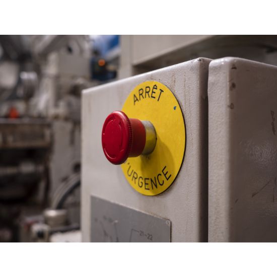 Picture of Marked legend, Harmony XB4, plastic, yellow, 90mm, for emergency stop, marked EMERGENCY STOP with logo ISO13851