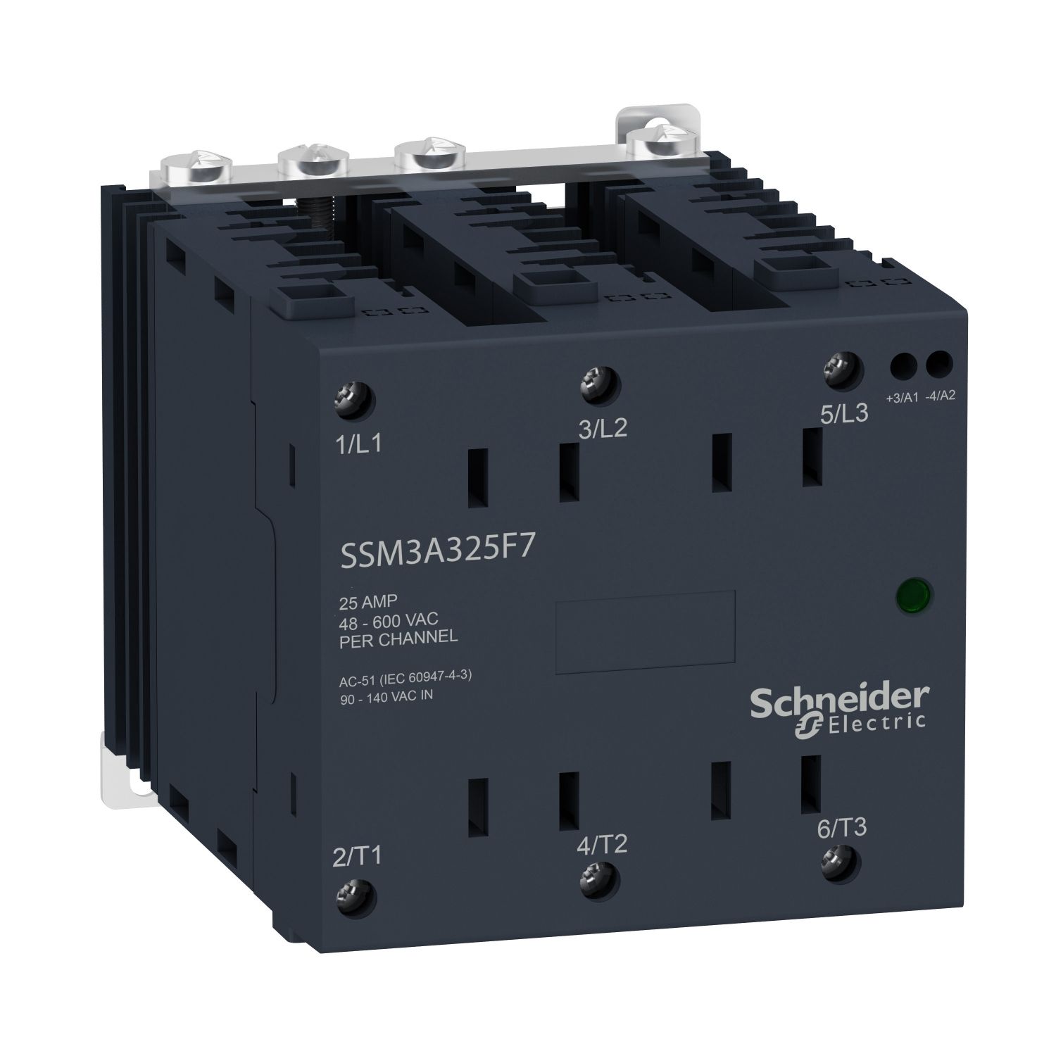 Picture of single phase relay, Harmony Solid State Modular Relays, 25A, DIN rail mount, zero voltage switching, input 4 to 32V DC, output 48 to 600V AC